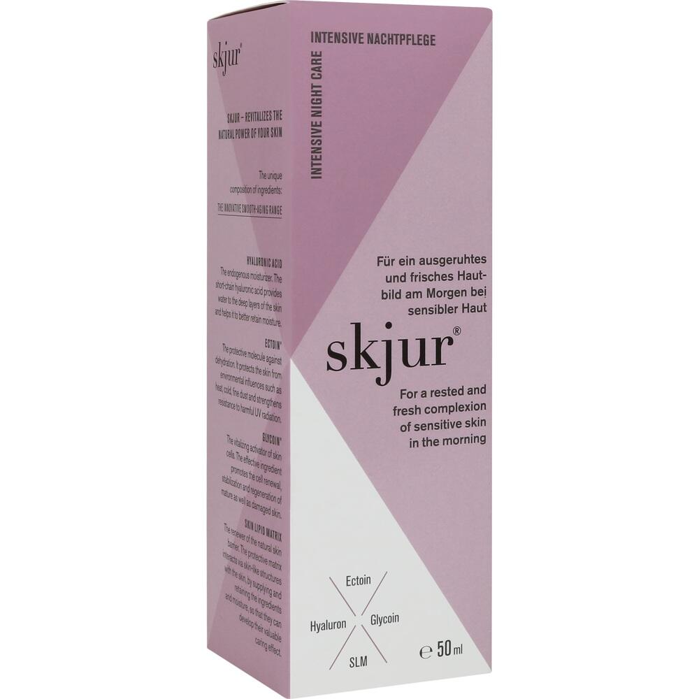 Lila und wei&szlig;e Verpackung einer Hautpflegecreme mit dem Namen "skjur".