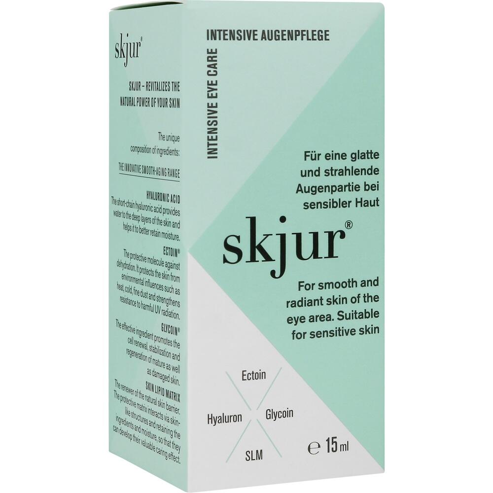 Ein gr&uuml;ner Karton mit der Aufschrift "skjur" f&uuml;r Augenpflege bei sensibler Haut.