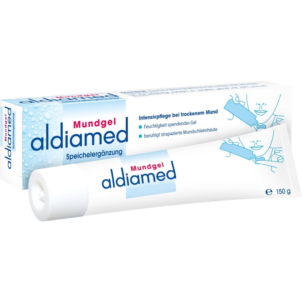 Eine Tube Aldiamed Mundgel zur Behandlung von Mundtrockenheit ist abgebildet.