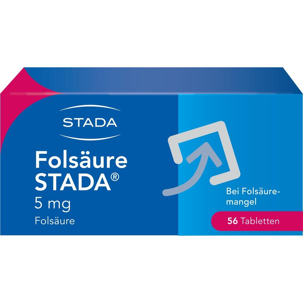 Eine Packung Folsäure-Tabletten der Marke Stada mit 56 Tabletten.