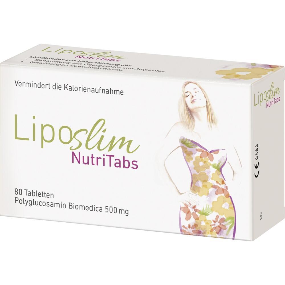Eine Packung "Liposlim NutriTabs" mit einer Zeichnung einer Frau in einem bunten Kleid.