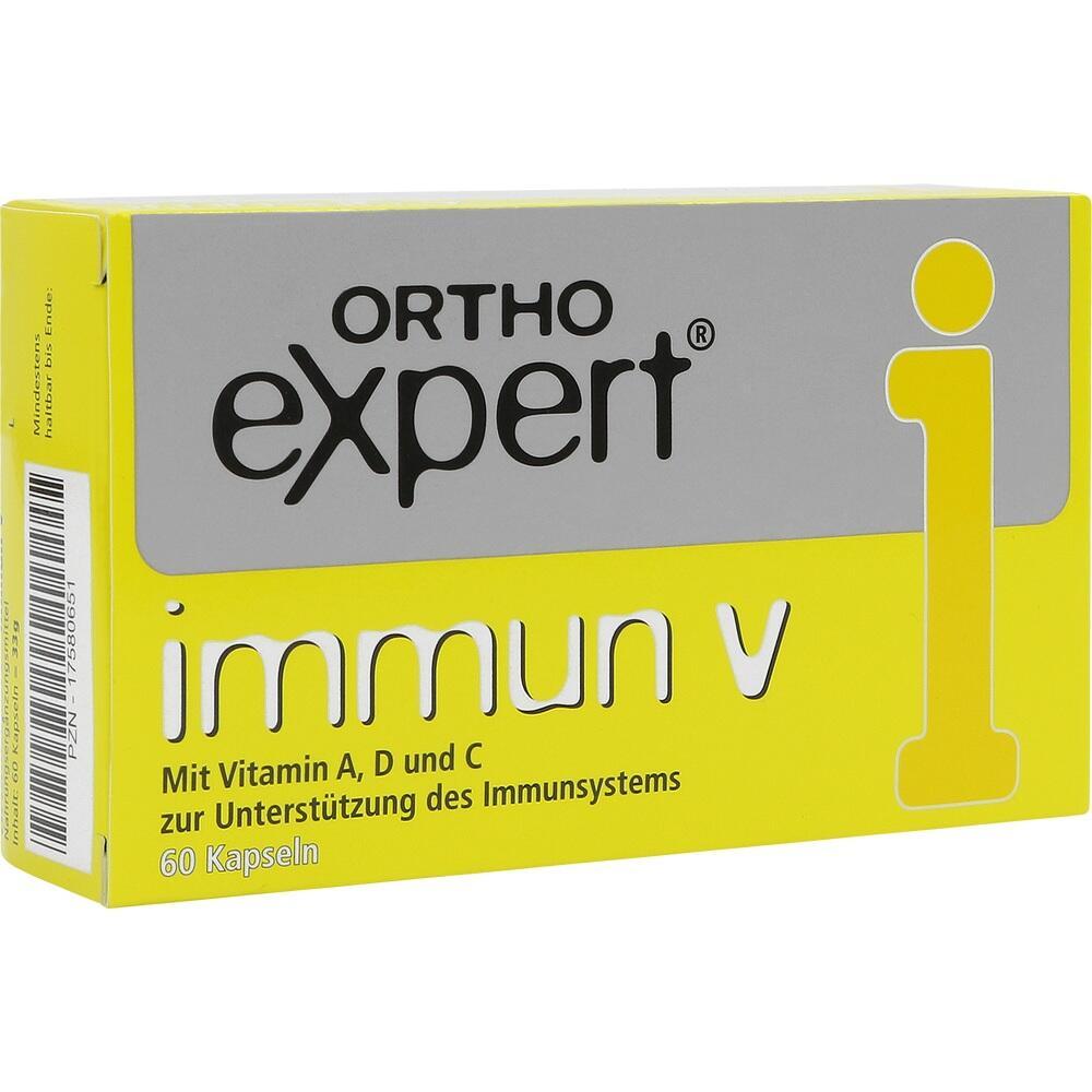 Gelbe Verpackung mit Text "Orthoexpert immun V", 60 Kapseln zur Unterst&uuml;tzung des Immunsystems.