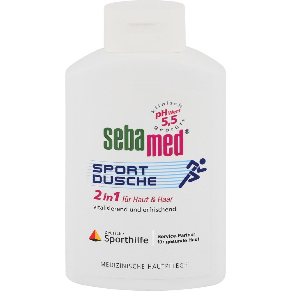 Eine wei&szlig;e Flasche Sebamed Sportdusche f&uuml;r Haut und Haar.