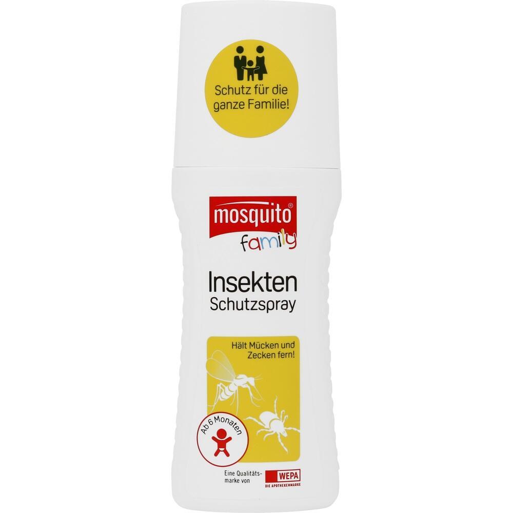 Wei&szlig;e Flasche mit Insektenspray f&uuml;r Familien, gelbes Etikett, sch&uuml;tzt vor M&uuml;cken und Zecken.