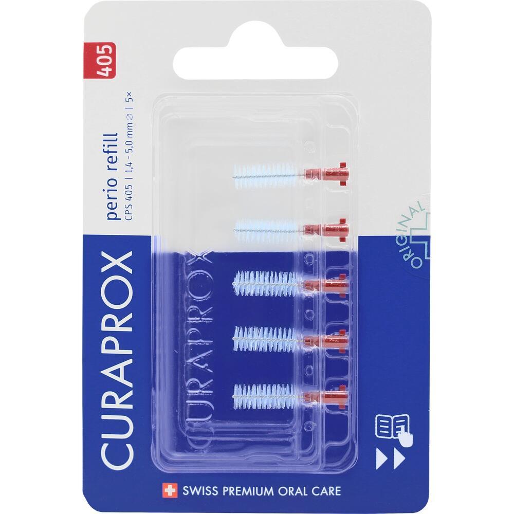 Eine Packung mit f&uuml;nf blauen Interdentalb&uuml;rsten mit roten Griffen.