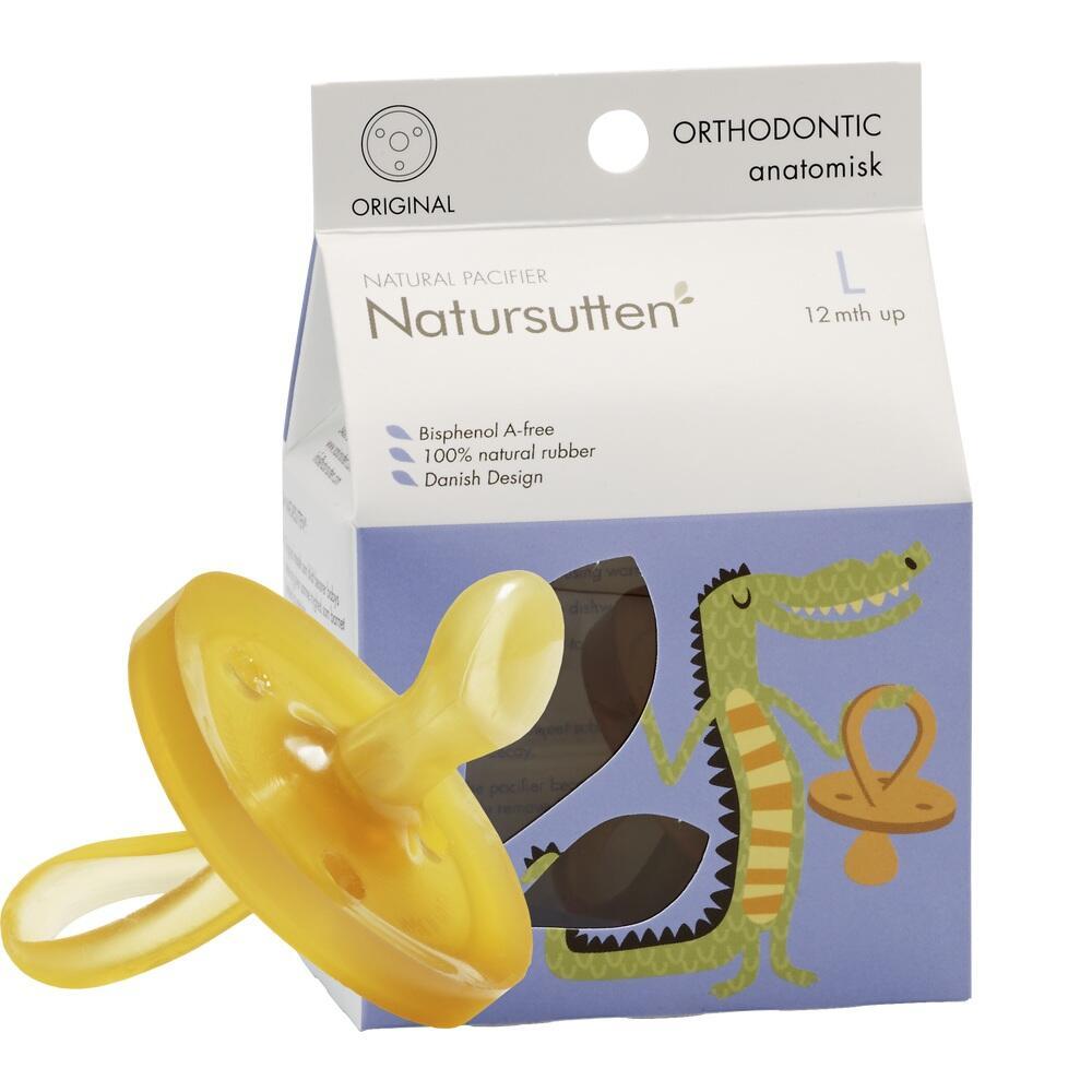 Eine gelbe Baby-Schnullerbox mit Krokodil-Illustration und Schnuller aus Naturkautschuk.