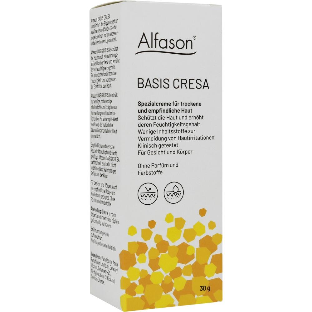 Eine wei&szlig;e Verpackung f&uuml;r Alfason Basis Cresa, einer Creme f&uuml;r trockene Haut.