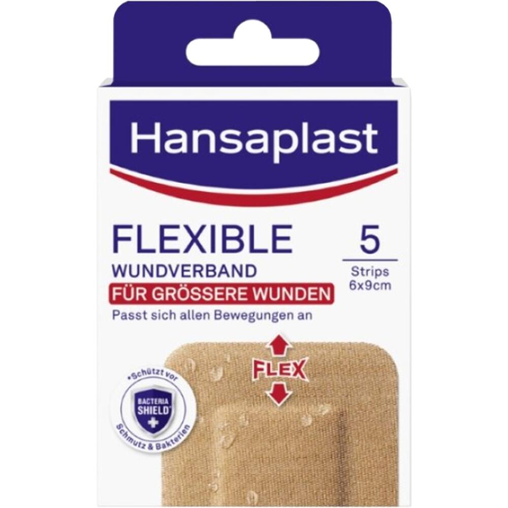 Verpackung von flexiblen Pflastern für größere Wunden, 5 Stück enthalten.