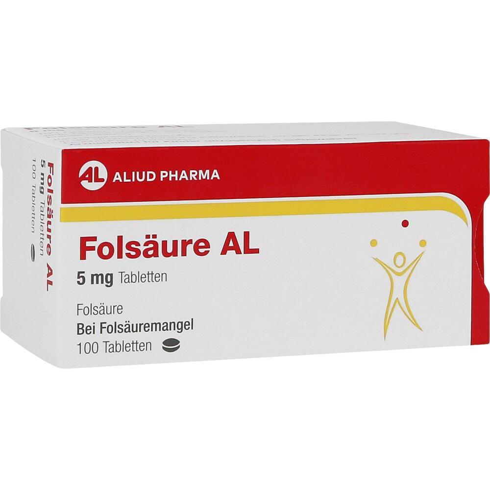 Packung von Fols&auml;ure AL Tabletten mit 5 mg zur Behandlung von Fols&auml;uremangel.