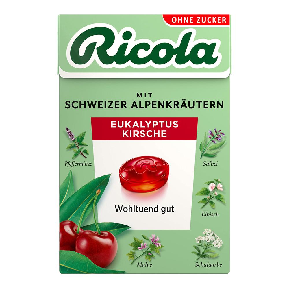 Verpackung von Ricola-Bonbons mit Eukalyptus und Kirschgeschmack.