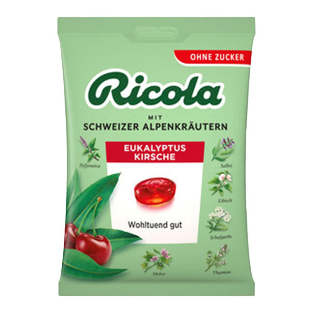 Grüne Ricola-Packung mit Eukalyptus und Kirsche Geschmack, ohne Zucker.
