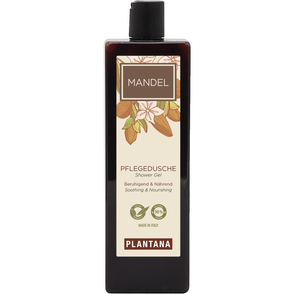 Braune Flasche mit Mandel-Pflegedusche und Blumenmotiv auf dem Etikett.