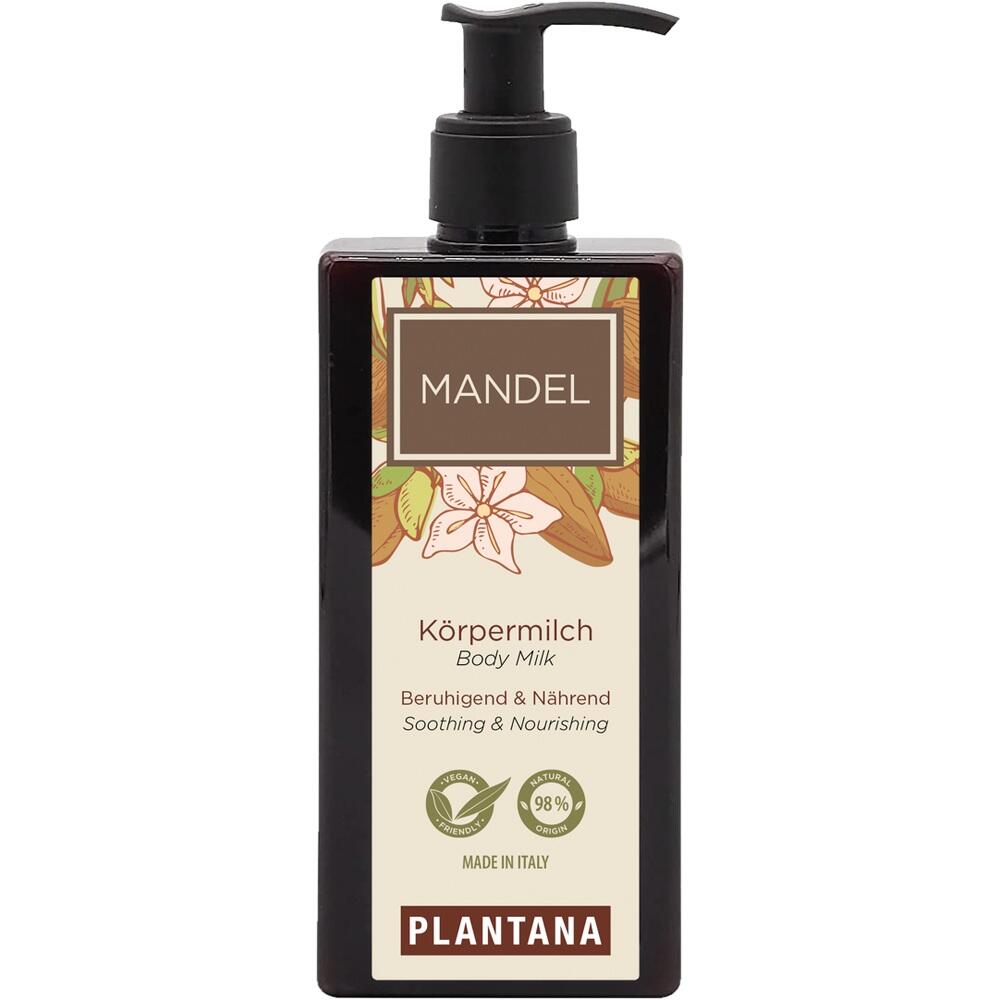 Braune Flasche mit Mandel-Körpermilch von Plantana und Blumendesign auf dem Etikett.
