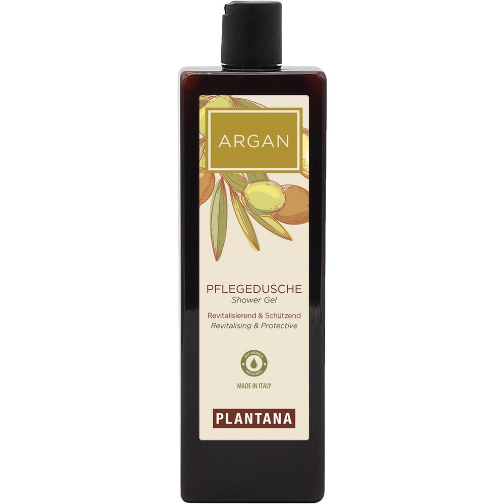 Eine braune Flasche mit Argan-Pflegedusche und Olivenabbildung auf dem Etikett.