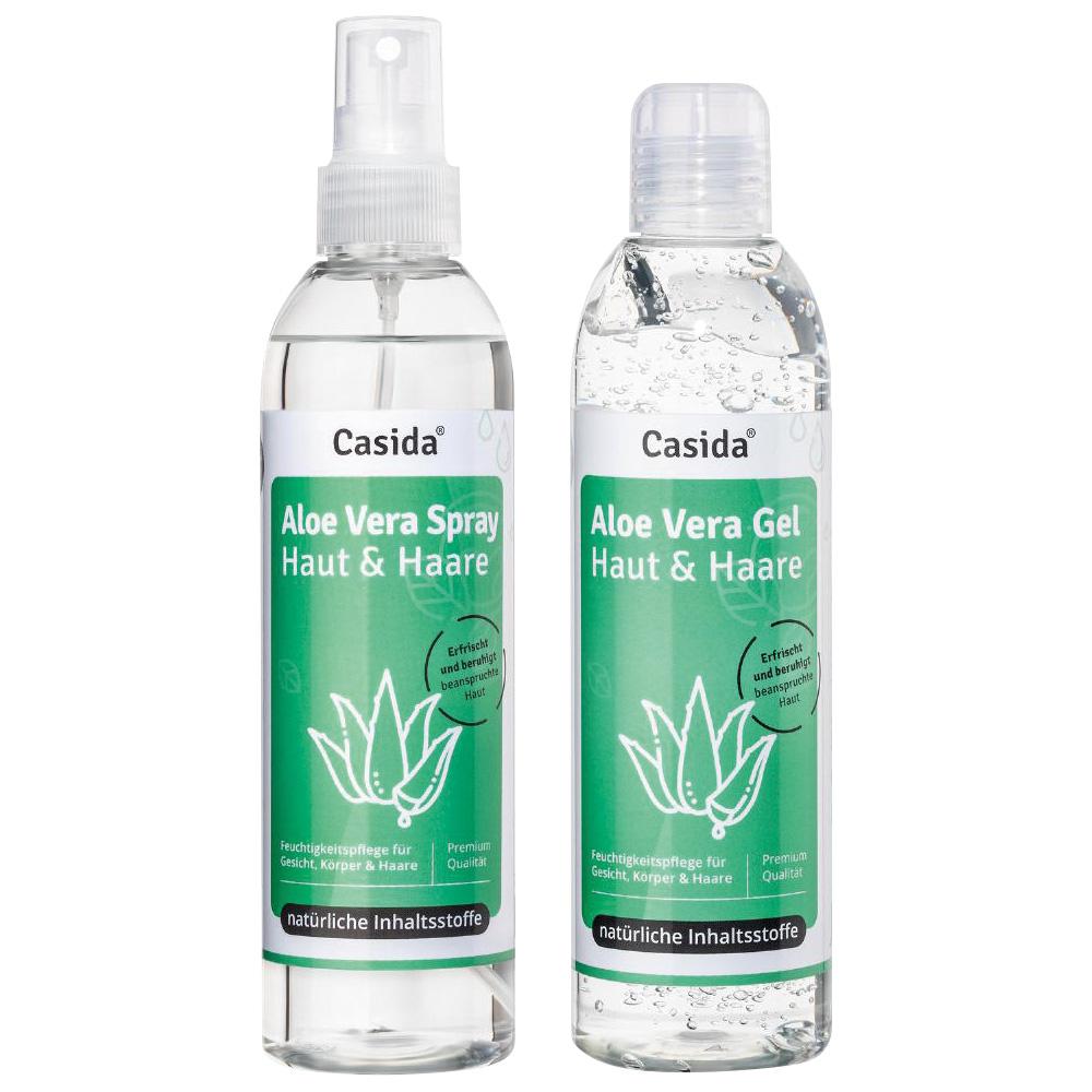 Zwei Flaschen mit grünem Etikett: Aloe Vera Spray und Gel für Haut und Haare.
