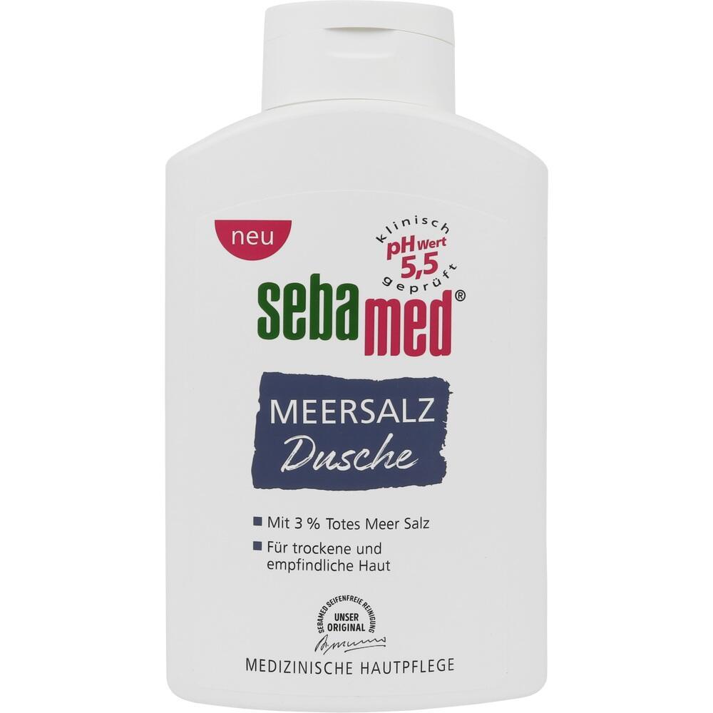 Wei&szlig;e Flasche mit der Aufschrift "sebamed Meersalz Dusche" f&uuml;r trockene Haut.