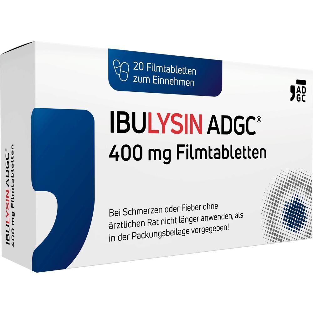 Verpackung von IBU-LYSIN ADGC 400 mg Filmtabletten gegen Schmerzen oder Fieber.