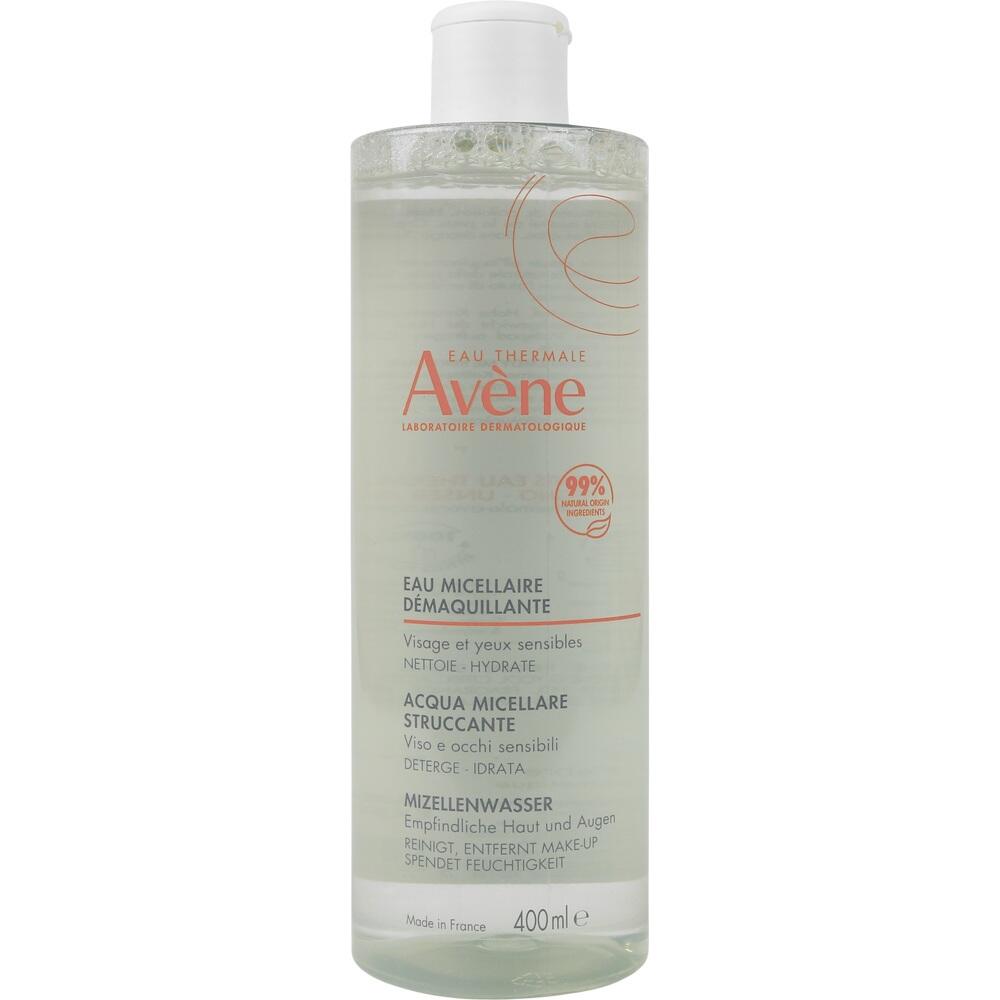 Flasche mit Avène Mizellenwasser zur Reinigung empfindlicher Haut und Augen.