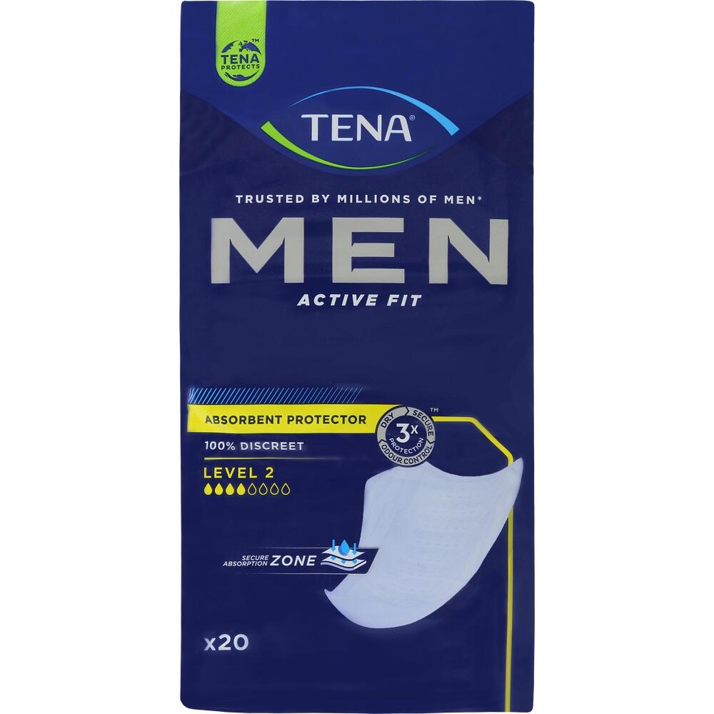 Eine Packung TENA MEN Active Fit Level 2 mit absorbierenden Einlagen f&uuml;r M&auml;nner.