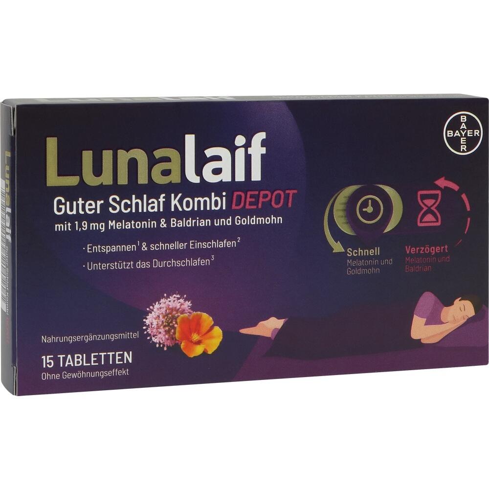 Verpackung einer Schlafmittelkombination mit 15 Tabletten zur Förderung des Schlafs.