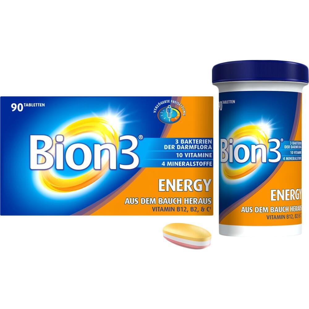 Eine Packung Bion3 Energy Tabletten und ein Tablettenbehälter stehen nebeneinander.
