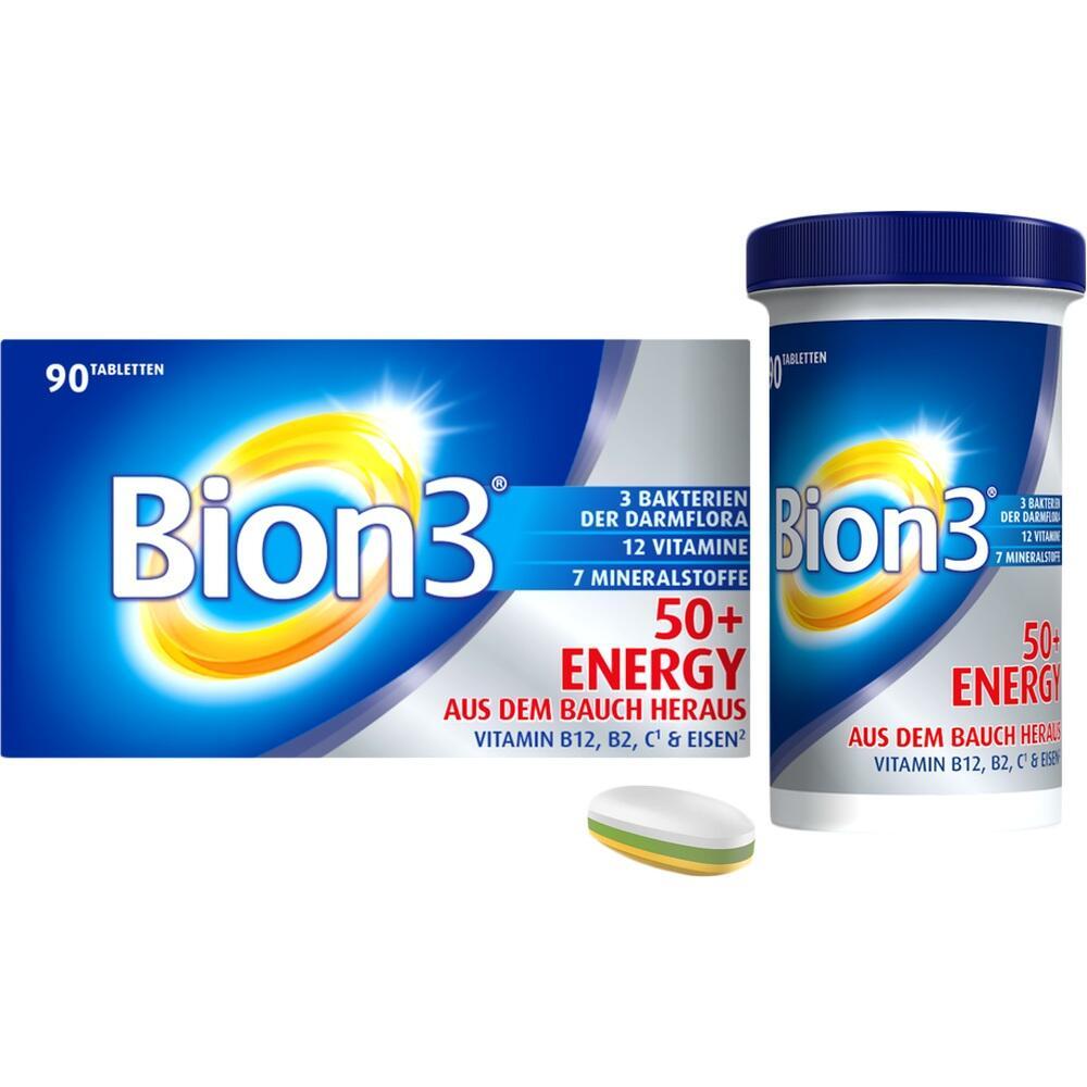 Eine Packung und ein Behälter mit Bion3 Energy 50+ Tabletten.