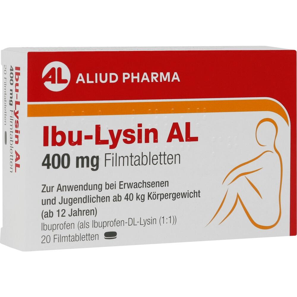 Verpackung mit 400 mg Ibu-Lysin Filmtabletten gegen Schmerzen ab 40 kg K&ouml;rpergewicht.