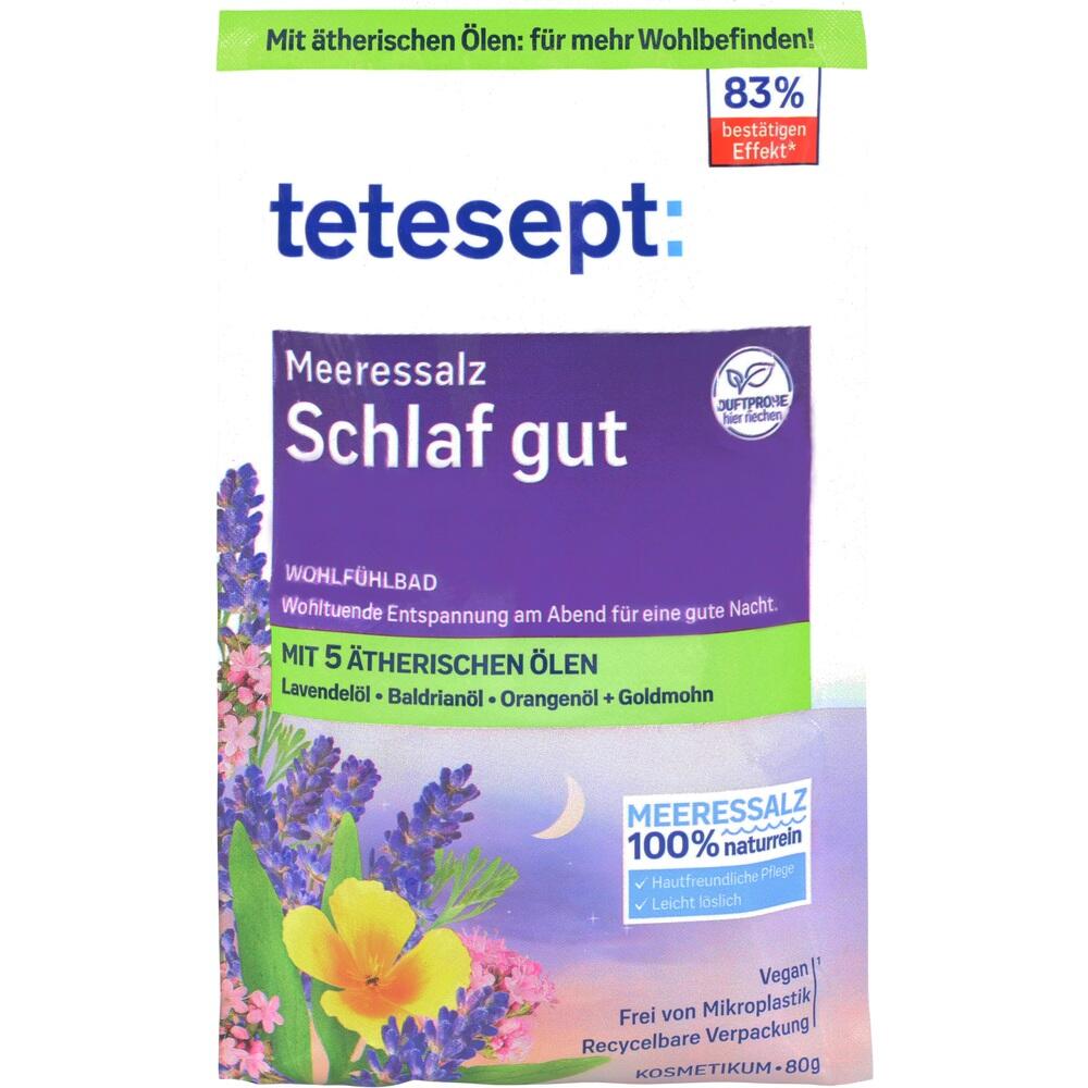 Packung von tetesept Meersalz "Schlaf gut" mit &auml;therischen &Ouml;len f&uuml;r Entspannung.