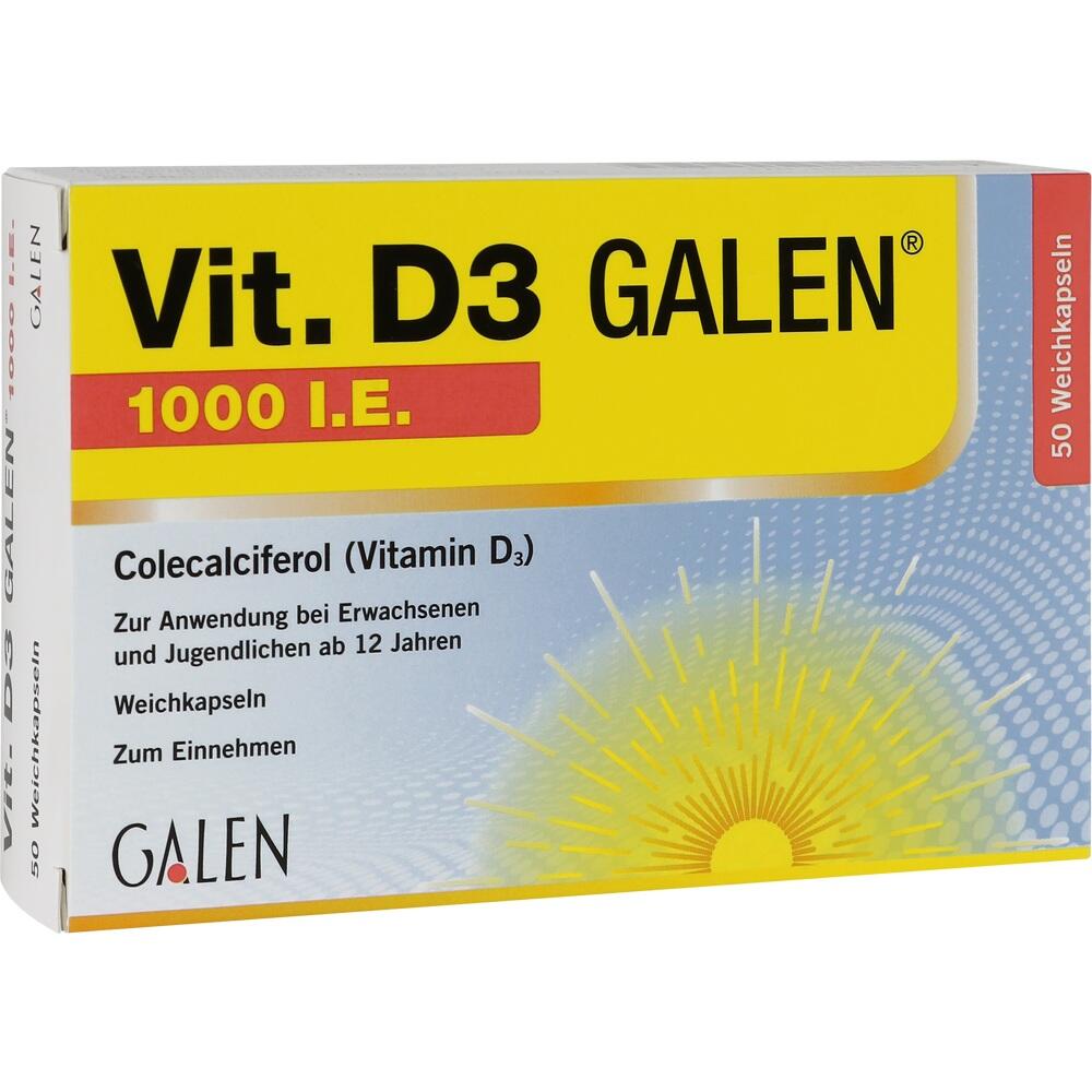 Gelbe Schachtel mit Vitamin D3 Weichkapseln f&uuml;r Erwachsene und Jugendliche ab 12 Jahren.