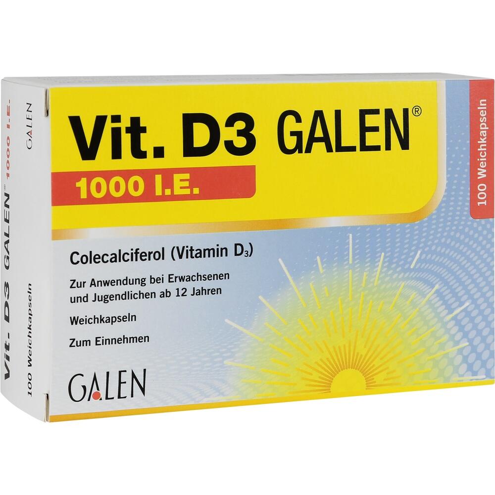 Gelbe Packung Vitamin D3 von Galen, 1000 I.E., 100 Weichkapseln zur Einnahme.