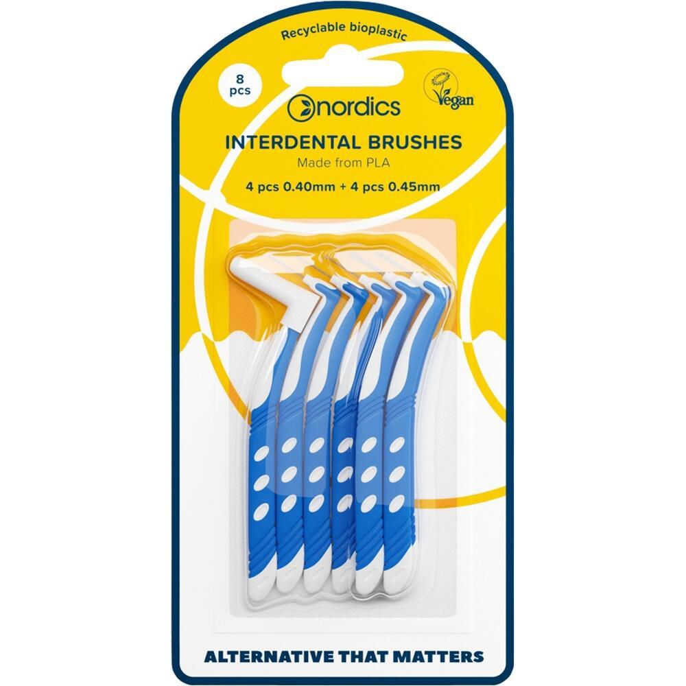 Eine Packung mit acht blauen Interdentalb&uuml;rsten aus recycelbarem Biokunststoff.