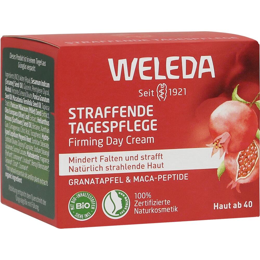 Rote Verpackung einer straffenden Tagescreme von Weleda mit Granatapfel und Maca-Peptiden.