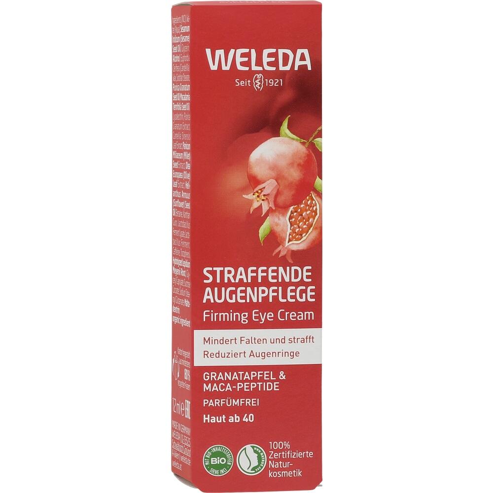 Rote Verpackung für straffende Augencreme mit Granatapfel von Weleda.