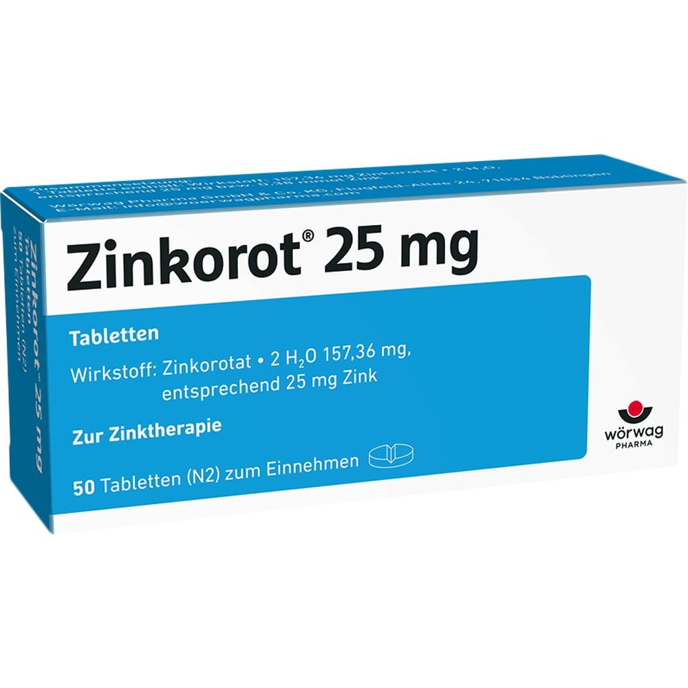 Eine Schachtel mit 50 Tabletten Zinkorot 25 mg zur Zinktherapie.