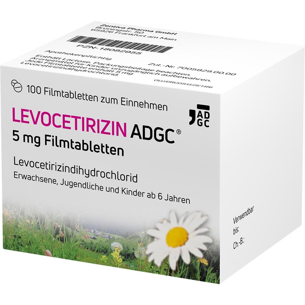 Weiße Medikamentenverpackung Levocetirizin ADGC mit Gänseblümchenbild.