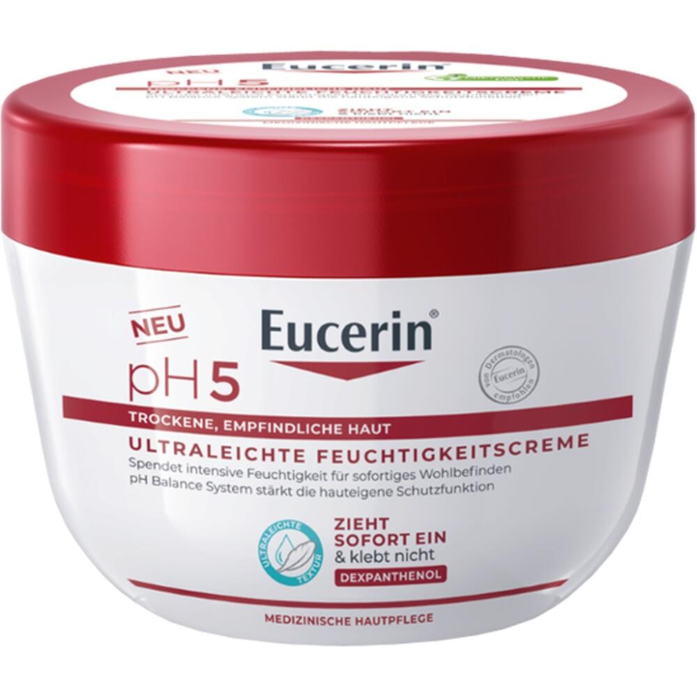 Roter Deckel und wei&szlig;e Eucerin-Creme-Dose f&uuml;r trockene, empfindliche Haut.