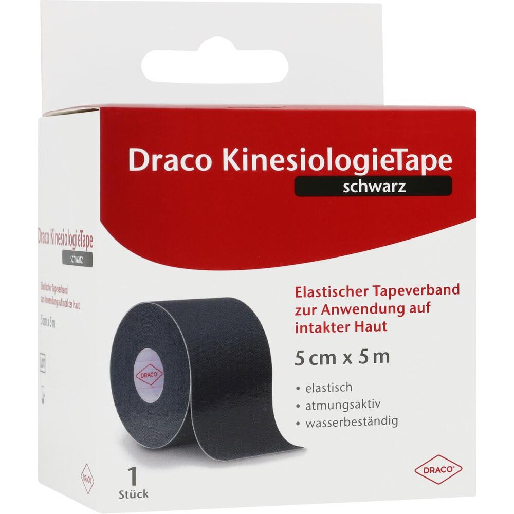 Eine Verpackung mit schwarzem Kinesiologie-Tape, 5 cm breit und 5 m lang.
