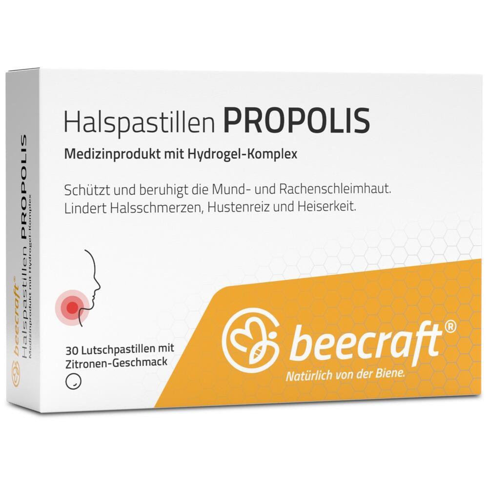 Verpackung von Halspastillen mit Propolis und Zitronen-Geschmack gegen Halsbeschwerden.