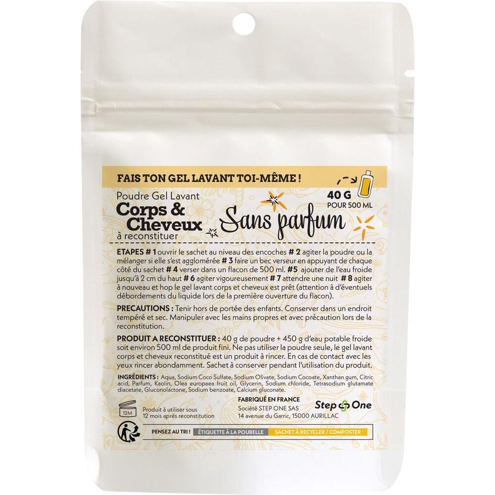 Wei&szlig;e Verpackung mit Anweisungen f&uuml;r geruchloses Duschgel-Pulver.