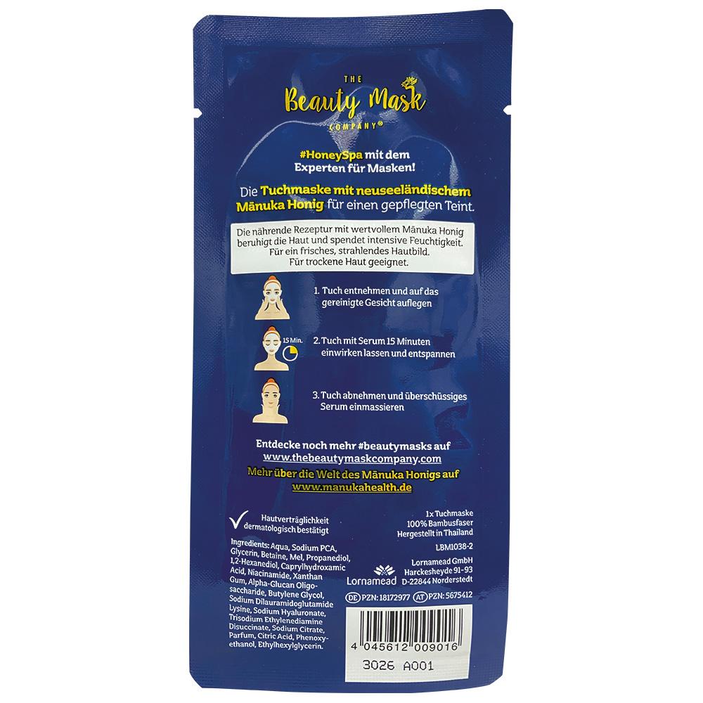 Verpackung einer Tuchmaske mit Manuka-Honig zur Hautpflege, mit Anwendungshinweisen.