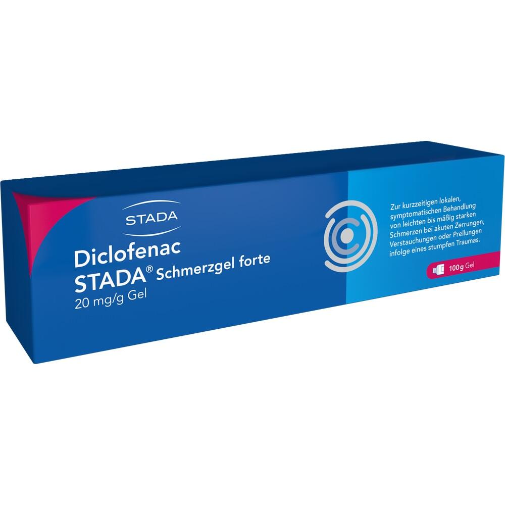 Eine blaue Packung Diclofenac-Schmerzgel von Stada.