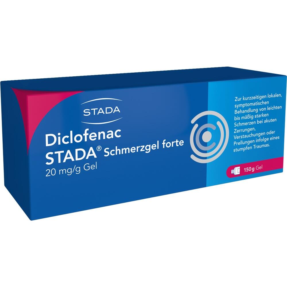 Eine blaue Verpackung von Diclofenac Schmerzgel von Stada mit 150 g Inhalt.