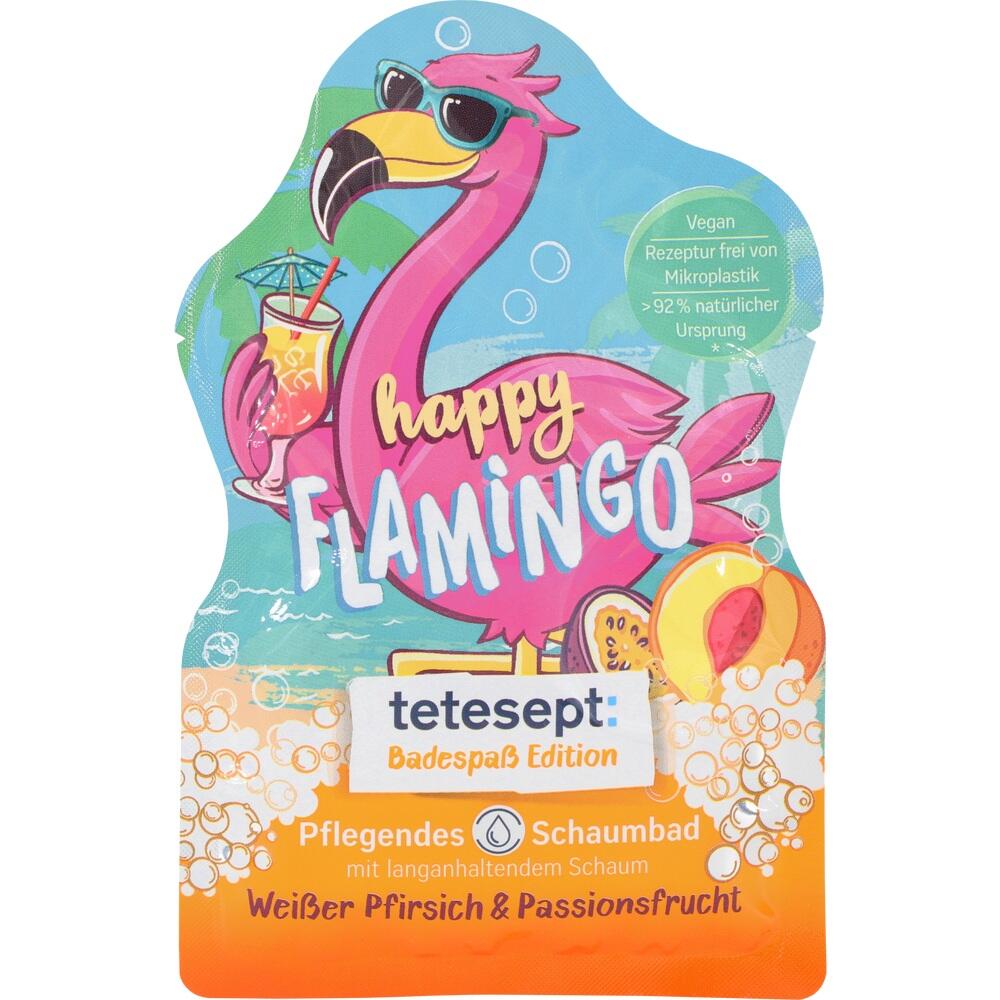 Ein pinker Flamingo mit Sonnenbrille h&auml;lt einen Drink vor einem blauen Hintergrund.