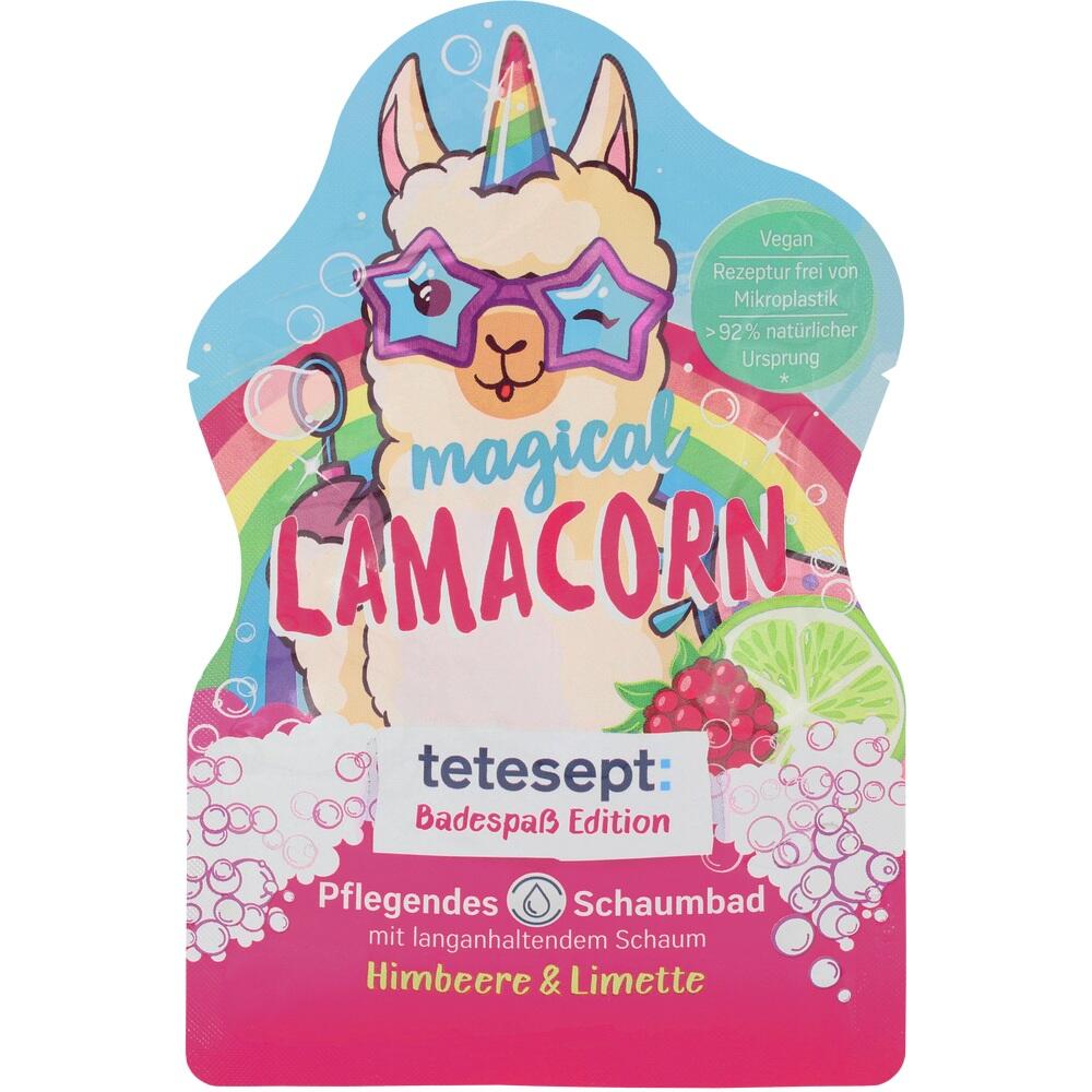 Eine bunte Badeschaumpackung mit einem Lama-Einhorn und Regenbogen.