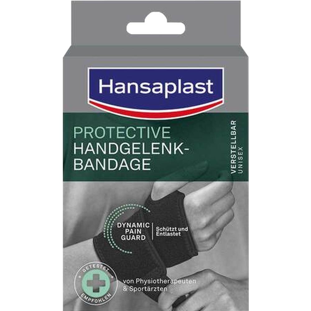 Graue Verpackung mit einer Handgelenkbandage von Hansaplast, abgebildet an einem Handgelenk.