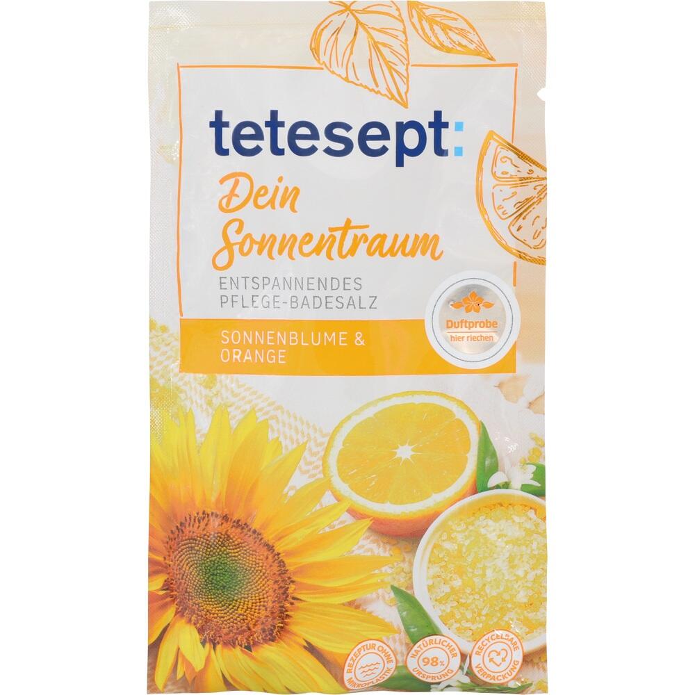 Badezusatz-Verpackung mit Sonnenblume und Orange, Duftprobe inklusive.