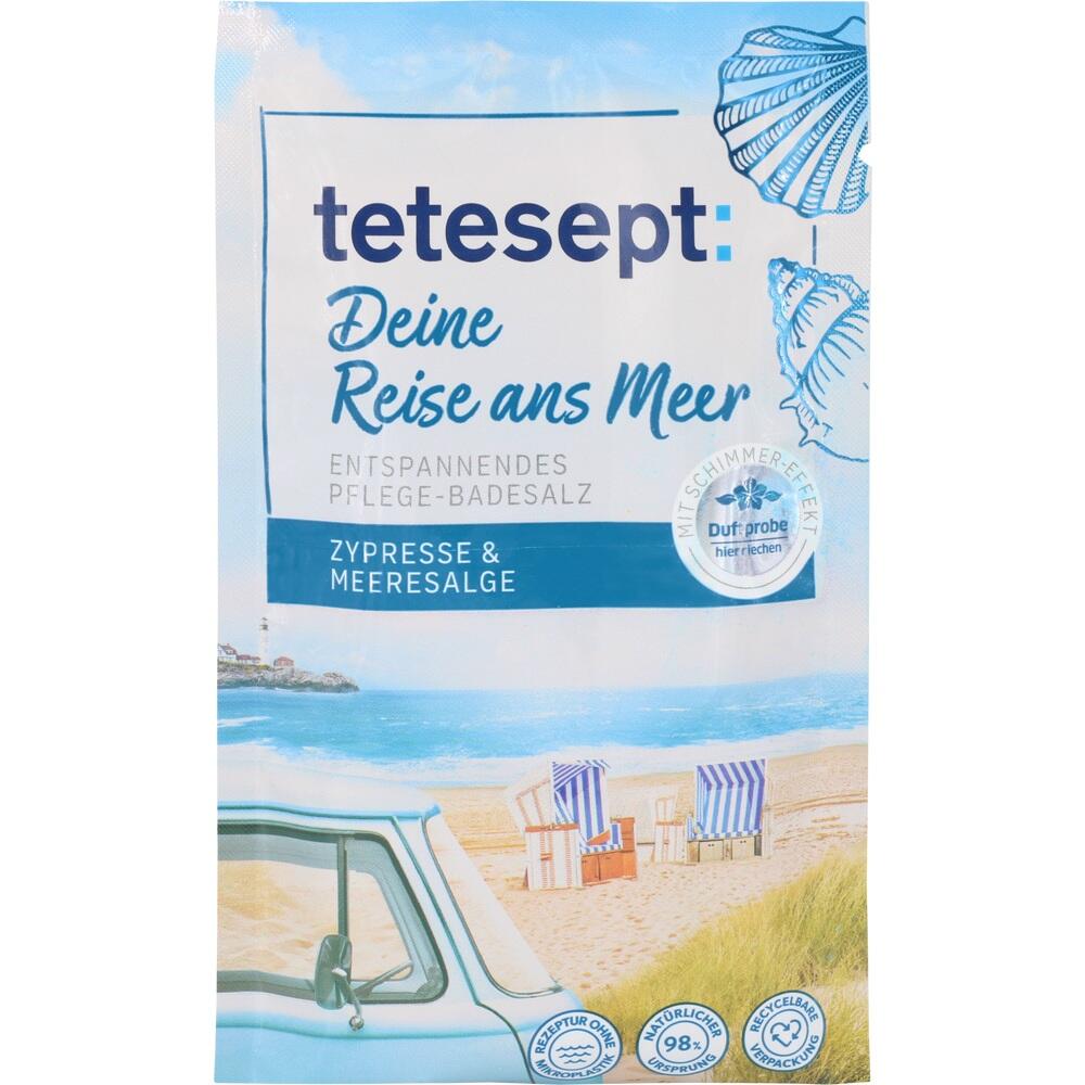 Verpackung f&uuml;r Meersalzbad mit Strandbild und Muscheln.