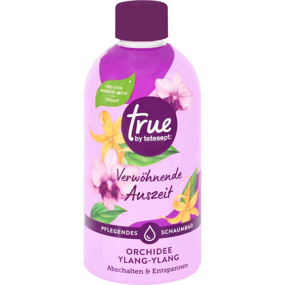 Violettfarbene Flasche mit Schaumbad, Orchidee- und Ylang-Ylang-Duft.