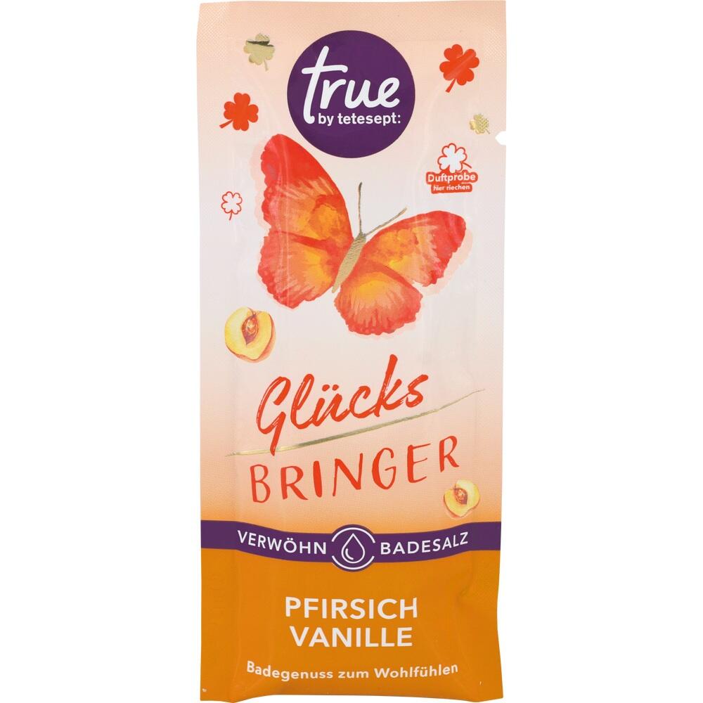 Eine T&uuml;te Badesalz mit einem Schmetterling und der Aufschrift "Gl&uuml;cksbringer".