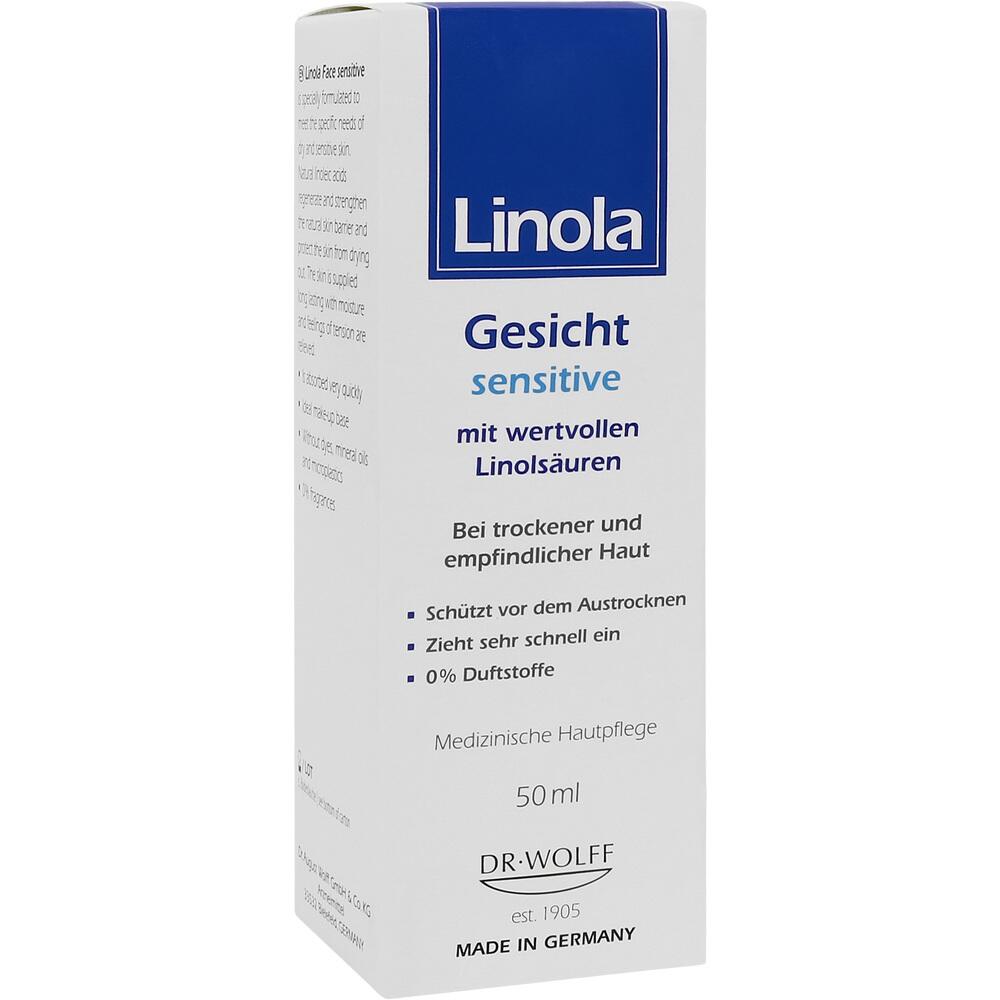 Eine weiße Verpackung von Linola Gesichtscreme für empfindliche Haut.